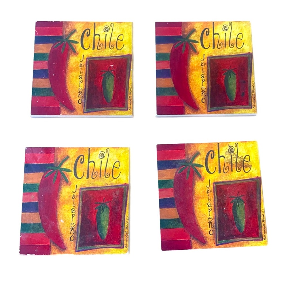 Set of 4 absorbent Tile Corkback Chile Jalapeño Coasters artist Bernadette Mood